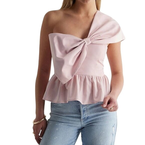 Express One Shoulder Statement Bow Corset Peplum Top Bubble Pink 2022 Size XL - Picture 1 of 6